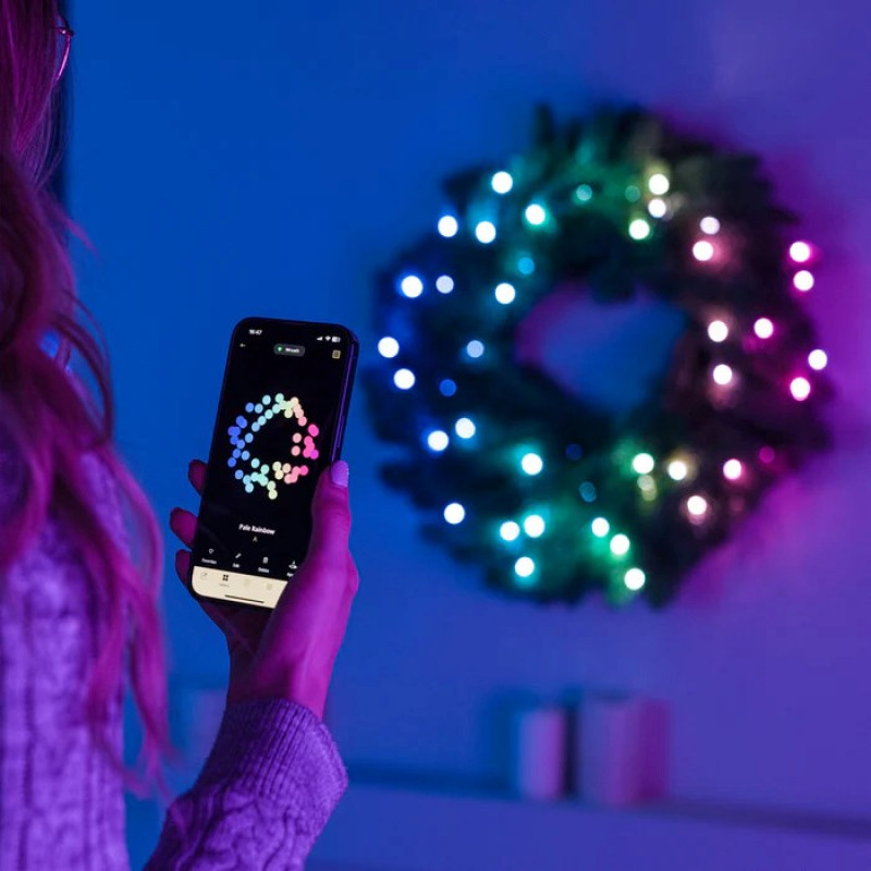 Corona preiluminada Twinkly 50 LED RGB, cable verde, enchufe tipo C, 60 cm