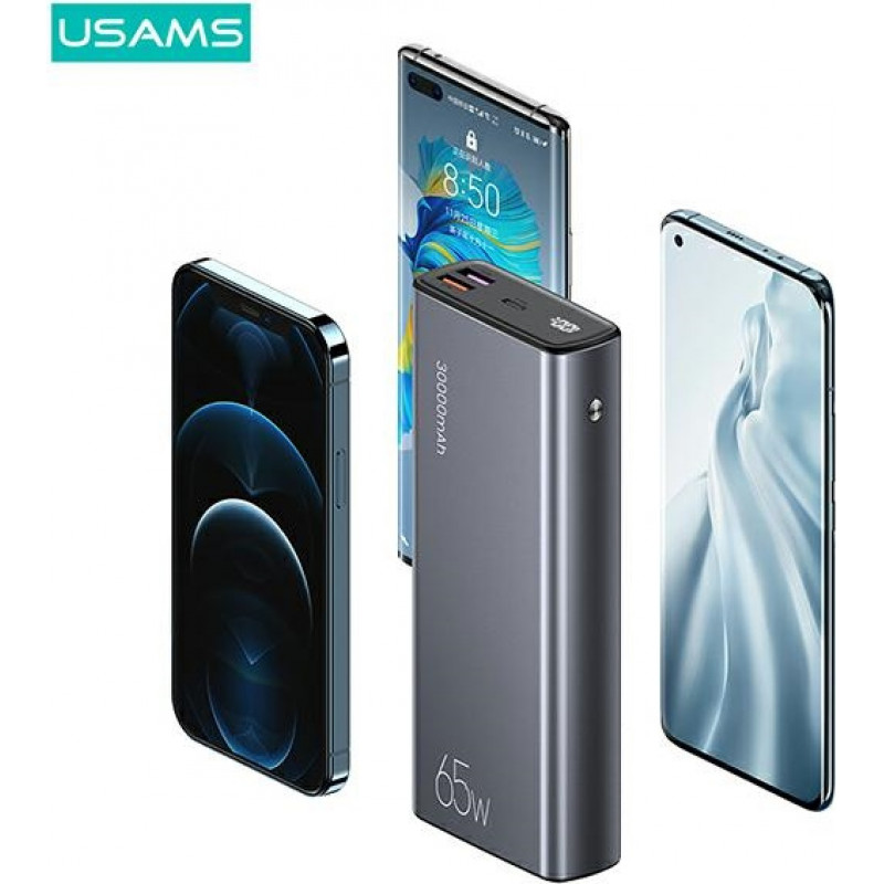 Power bank USAMS PB59 US-CD165 30000 mAh, 65 W, 2x QC3.0 + PD, negro, con cable USB-C a USB-C