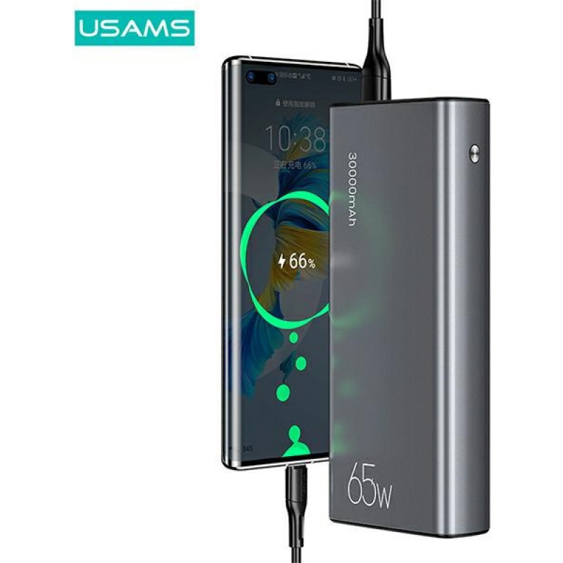 Power bank USAMS PB59 US-CD165 30000 mAh, 65 W, 2x QC3.0 + PD, negro, con cable USB-C a USB-C