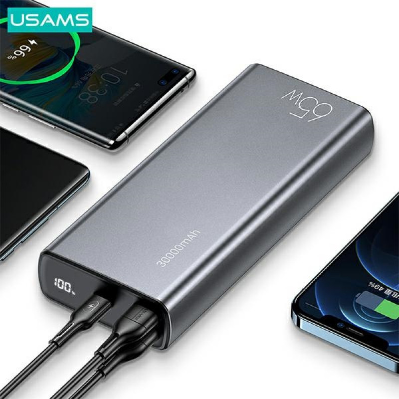 Power bank USAMS PB59 US-CD165 30000 mAh, 65 W, 2x QC3.0 + PD, negro, con cable USB-C a USB-C