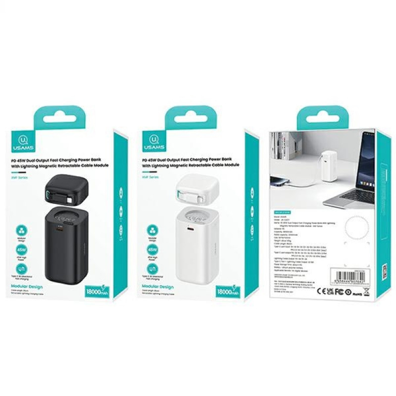 Powerbank USAMS US-CD217 XMF Series 18000 mAh, carga rápida PD 45W, con cable Lightning, negro
