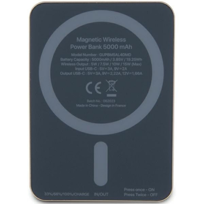 Powerbank de inducción MagSafe Guess GUPBM5AL4DMD 4G Strassed Metal Logo 5000 mAh, 15W, dorado
