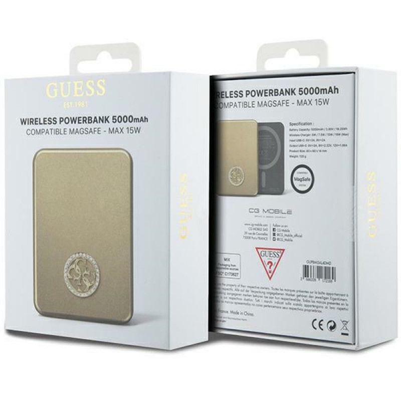 Powerbank de inducción MagSafe Guess GUPBM5AL4DMD 4G Strassed Metal Logo 5000 mAh, 15W, dorado
