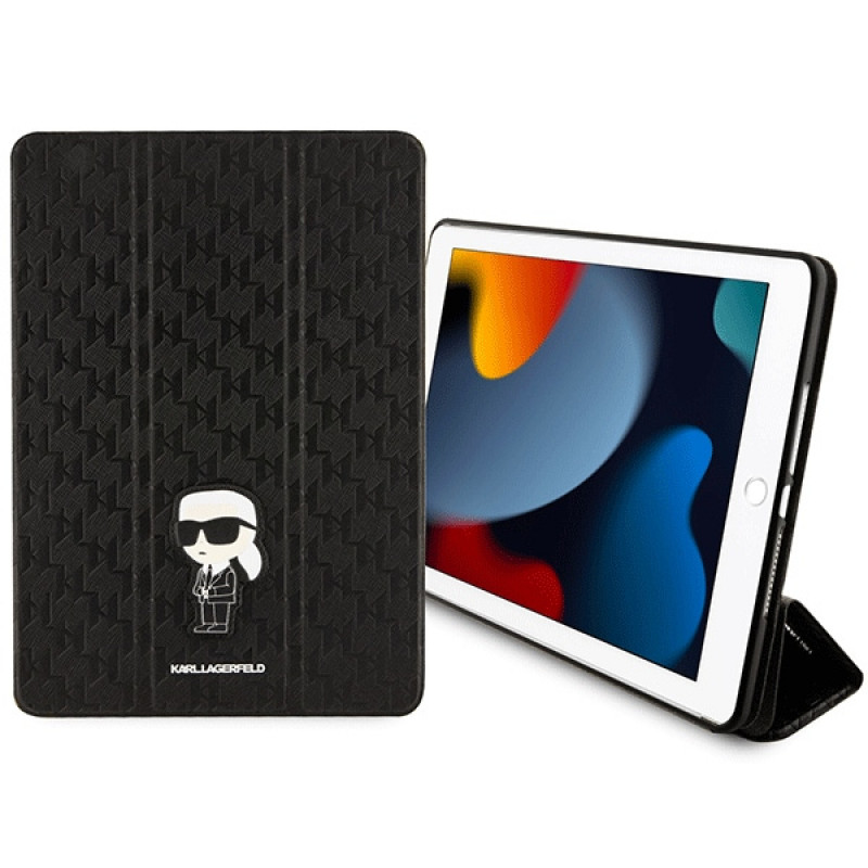 Funda tipo libro Karl Lagerfeld KLFC10SAKHPKK Saffiano Monogram Ikonik para Apple iPad 10.2 (7.ª, 8.ª, 9.ª gen.), negra