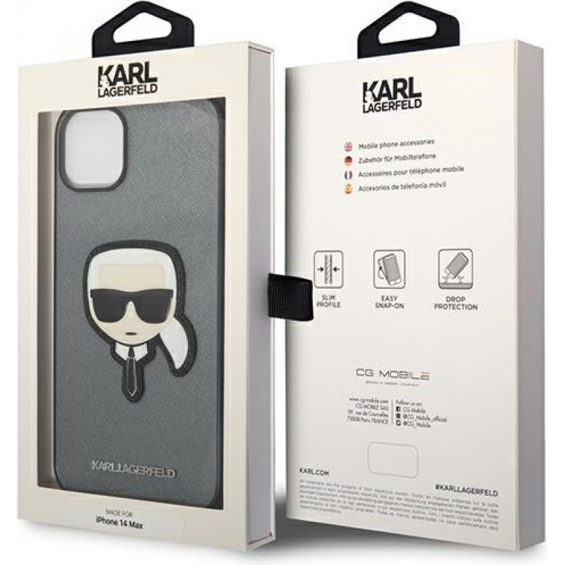 Karl Lagerfeld KLHCP14SSAPKHG Funda rígida para Apple iPhone 14, Saffiano Karl's Head Patch, plateada