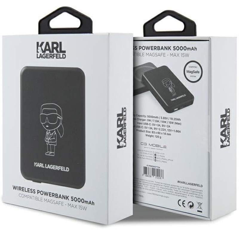 Batería externa de inducción Karl Lagerfeld KLPBM5KIOTTGK 5000 mAh 15W, Outline Ikonik, MagSafe, negra