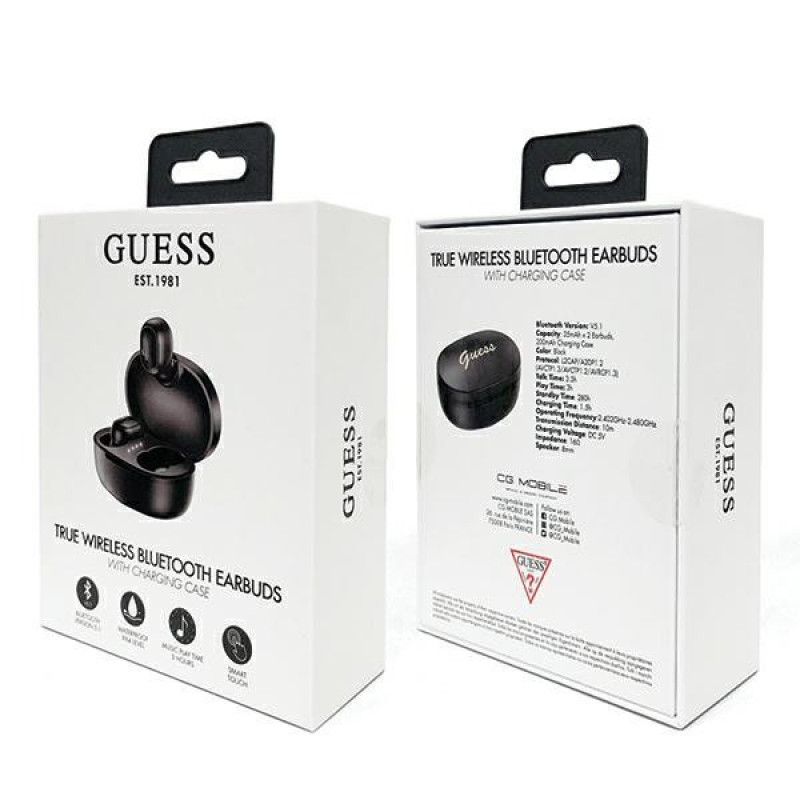 Guess GUTWST30BK Auriculares inalámbricos TWS intraurales con base de carga, Bluetooth 5.0, negros