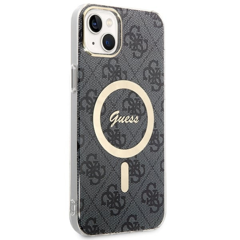 Funda rígida Guess GUBPP14SH4EACSK para Apple iPhone 14 + cargador inalámbrico, 4G Print, MagSafe, negra