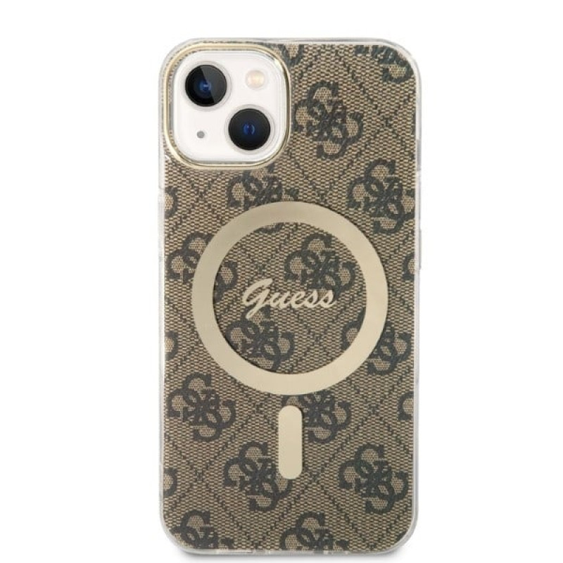 Funda rígida Guess GUBPP14SH4EACSW para Apple iPhone 14 + cargador inalámbrico, 4G Print, MagSafe, marrón