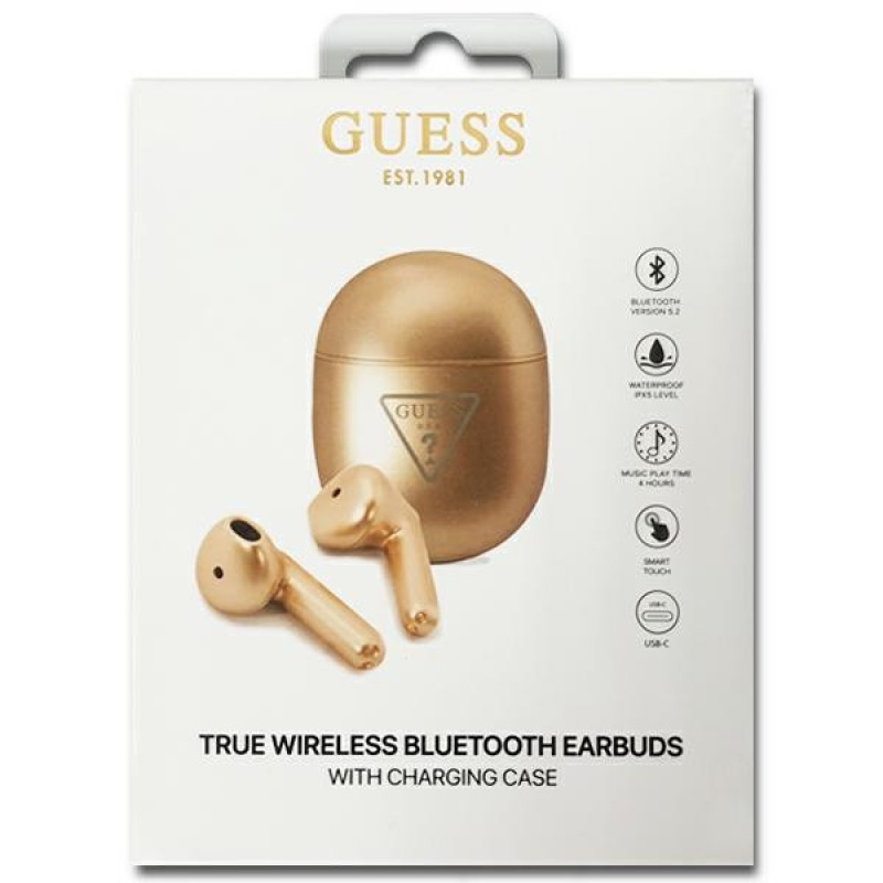 Guess GUTWST82TRD Auriculares inalámbricos TWS intraurales con estación de acoplamiento, Triangle Logo, Bluetooth 5.0, dorado