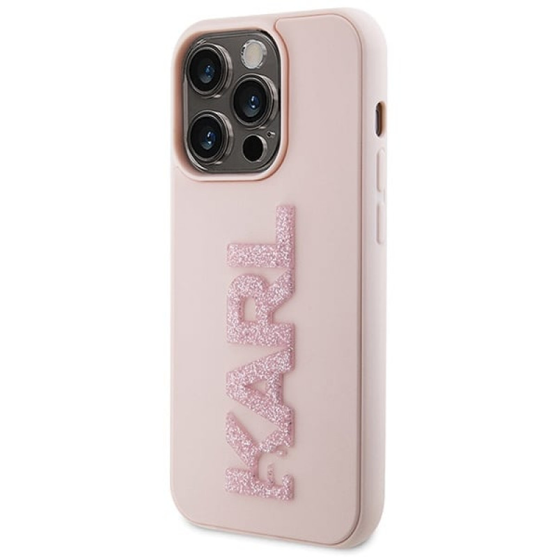 Funda rígida Karl Lagerfeld KLHCP15X3DMBKCP para Apple iPhone 15 Pro Max, logotipo 3D Rubber Glitter, rosa