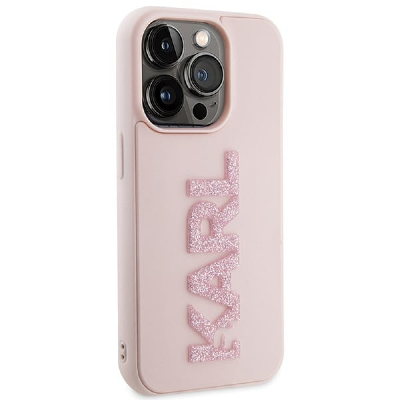 Funda rígida Karl Lagerfeld KLHCP15X3DMBKCP para Apple iPhone 15 Pro Max, logotipo 3D Rubber Glitter, rosa