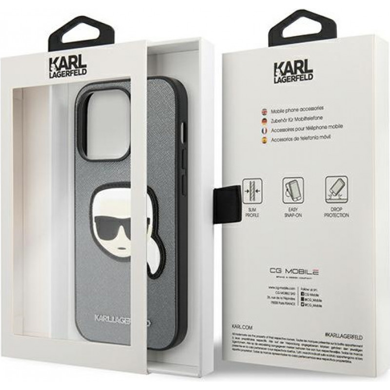 Funda rígida Karl Lagerfeld KLHCP14LSAPKHG para Apple iPhone 14 Pro, Saffiano Karl's Head Patch, plateada