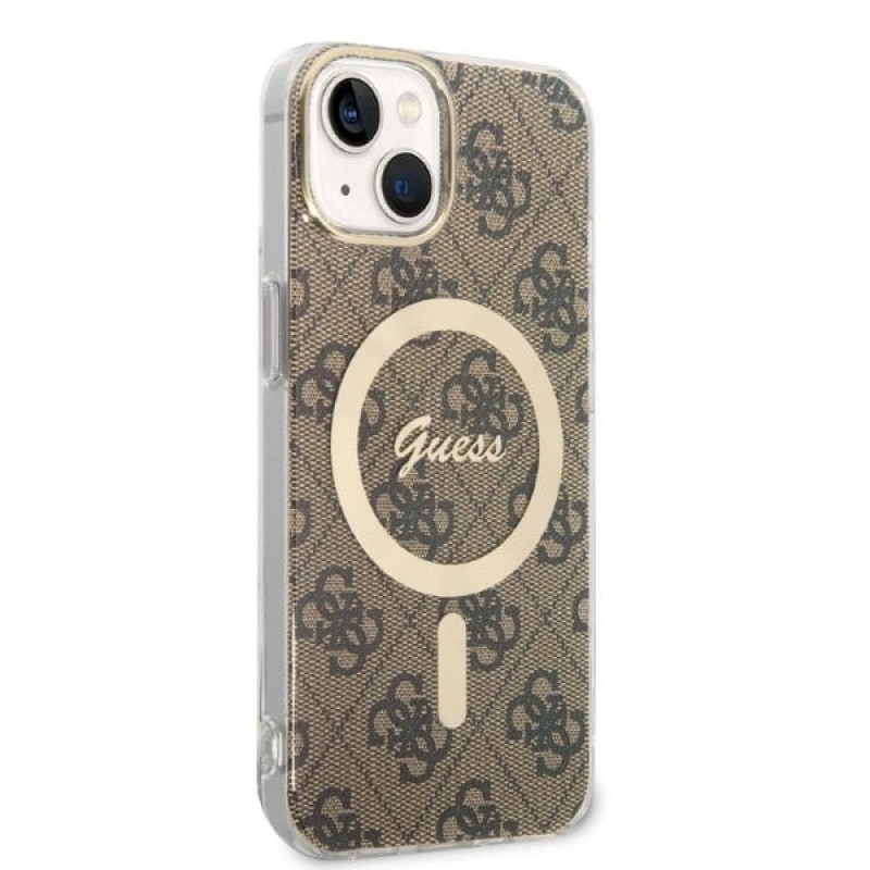 Guess GUBPP14MH4EACSW Funda + Cargador inalámbrico Apple iPhone 14 Plus / iPhone 15 Plus marrón Hardcase, 4G Print, MagSafe