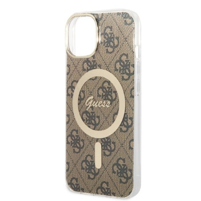 Guess GUBPP14MH4EACSW Funda + Cargador inalámbrico Apple iPhone 14 Plus / iPhone 15 Plus marrón Hardcase, 4G Print, MagSafe