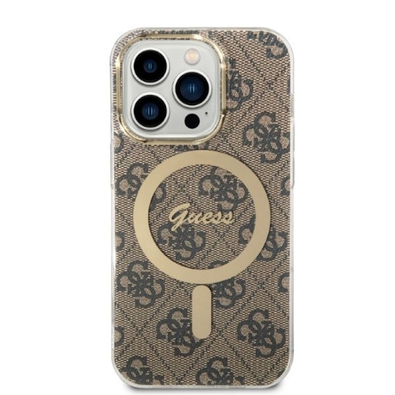 Guess GUBPP14LH4EACSW Funda + Cargador inalámbrico Apple iPhone 14 Pro marrón Hardcase, 4G Print, MagSafe