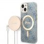 Guess GUBPP14MH4EACSB Funda + Cargador inalámbrico Apple iPhone 14 Plus / iPhone 15 Plus azul Hardcase, 4G Print, MagSafe