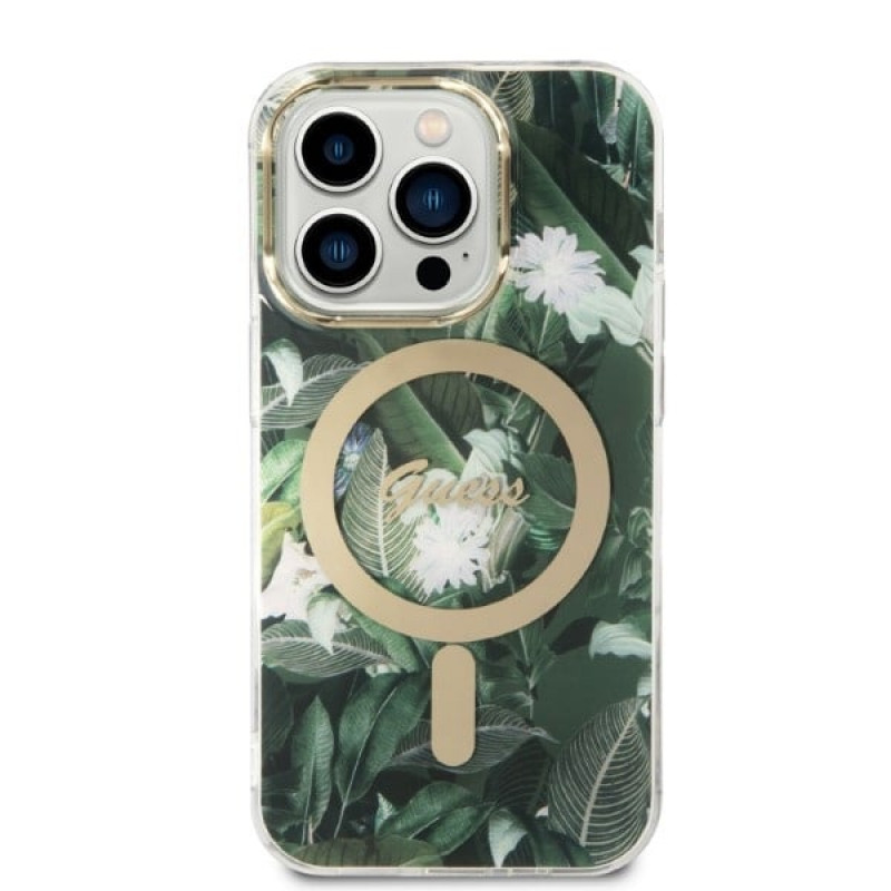 Guess GUBPP14LHJEACSA Funda + Cargador inalámbrico Apple iPhone 14 Pro verde Hardcase, Jungle, MagSafe