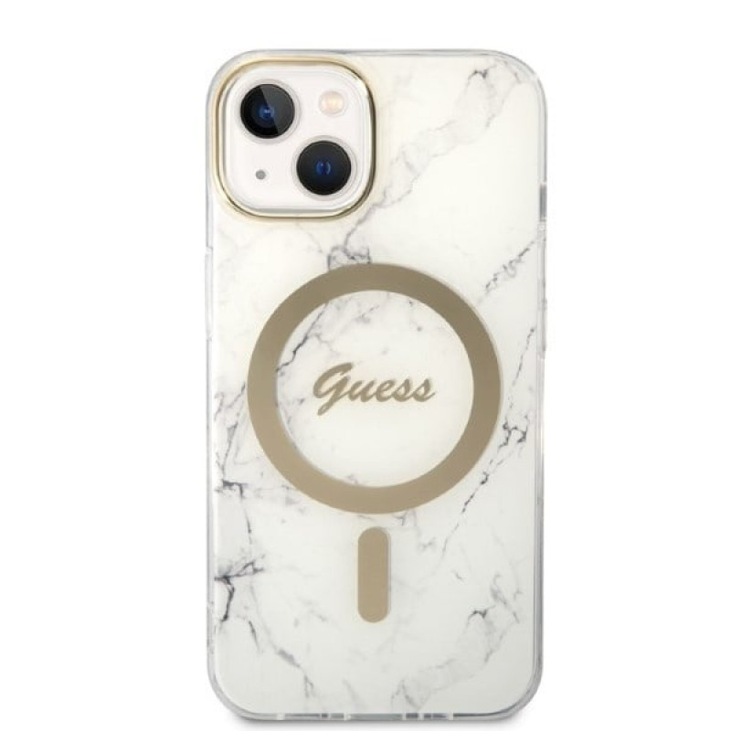 Guess GUBPP14MHMEACSH Funda + Cargador inalámbrico Apple iPhone 14 Plus / iPhone 15 Plus blanca Hardcase, Marble, MagSafe
