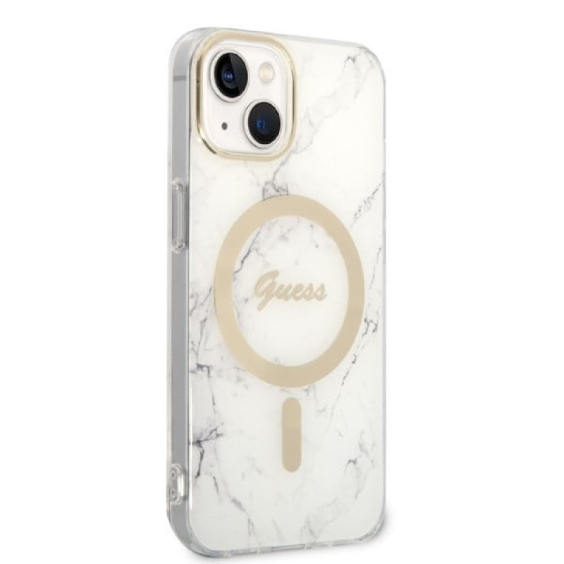 Guess GUBPP14MHMEACSH Funda + Cargador inalámbrico Apple iPhone 14 Plus / iPhone 15 Plus blanca Hardcase, Marble, MagSafe