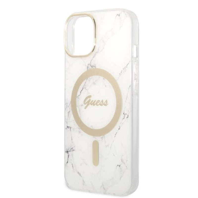 Guess GUBPP14MHMEACSH Funda + Cargador inalámbrico Apple iPhone 14 Plus / iPhone 15 Plus blanca Hardcase, Marble, MagSafe