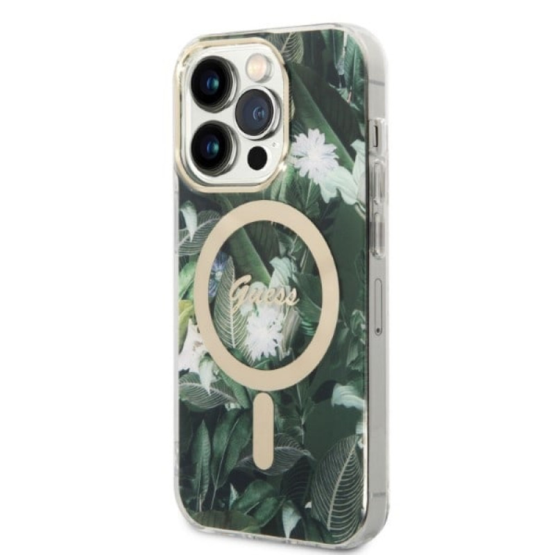 Guess GUBPP14XHJEACSA Funda + Cargador inalámbrico para Apple iPhone 14 Pro Max, Jungle, funda rígida verde, MagSafe