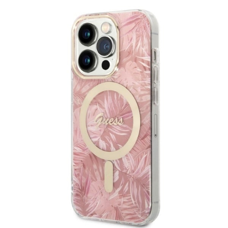 Guess GUBPP14LHJEACSP Funda + Cargador inalámbrico para Apple iPhone 14 Pro, Jungle, funda rígida rosa, MagSafe