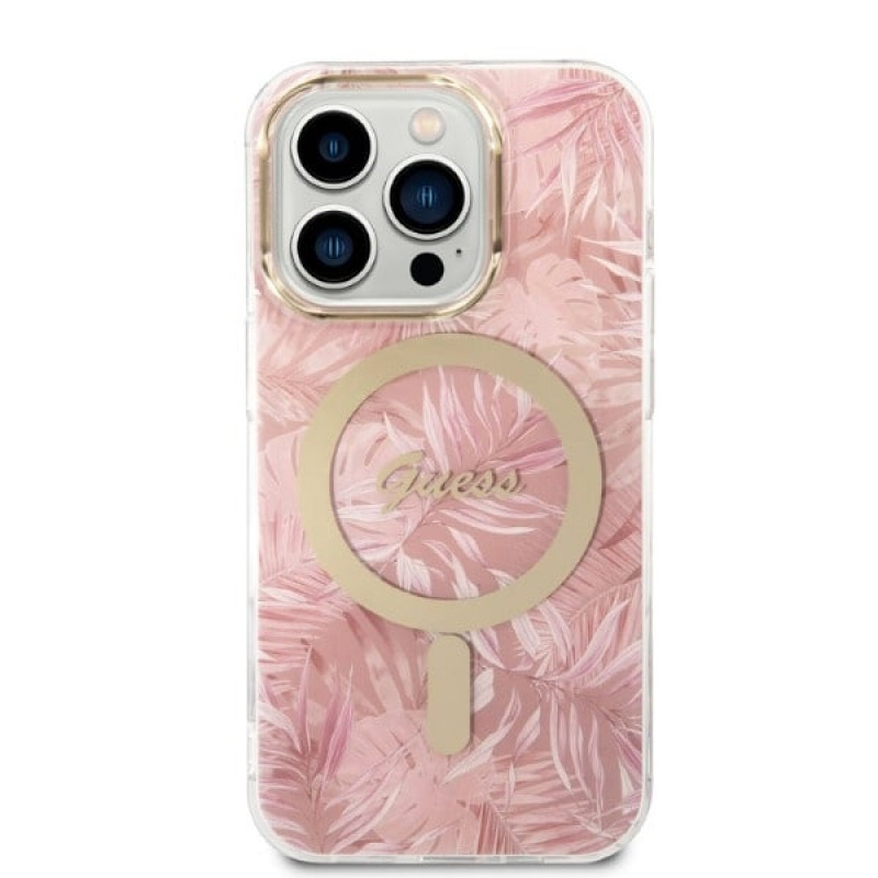Guess GUBPP14LHJEACSP Funda + Cargador inalámbrico para Apple iPhone 14 Pro, Jungle, funda rígida rosa, MagSafe
