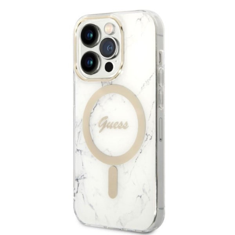 Funda Guess GUBPP14LHMEACSH + Cargador inalámbrico Apple iPhone 14 Pro blanca, Hardcase, Marble, MagSafe