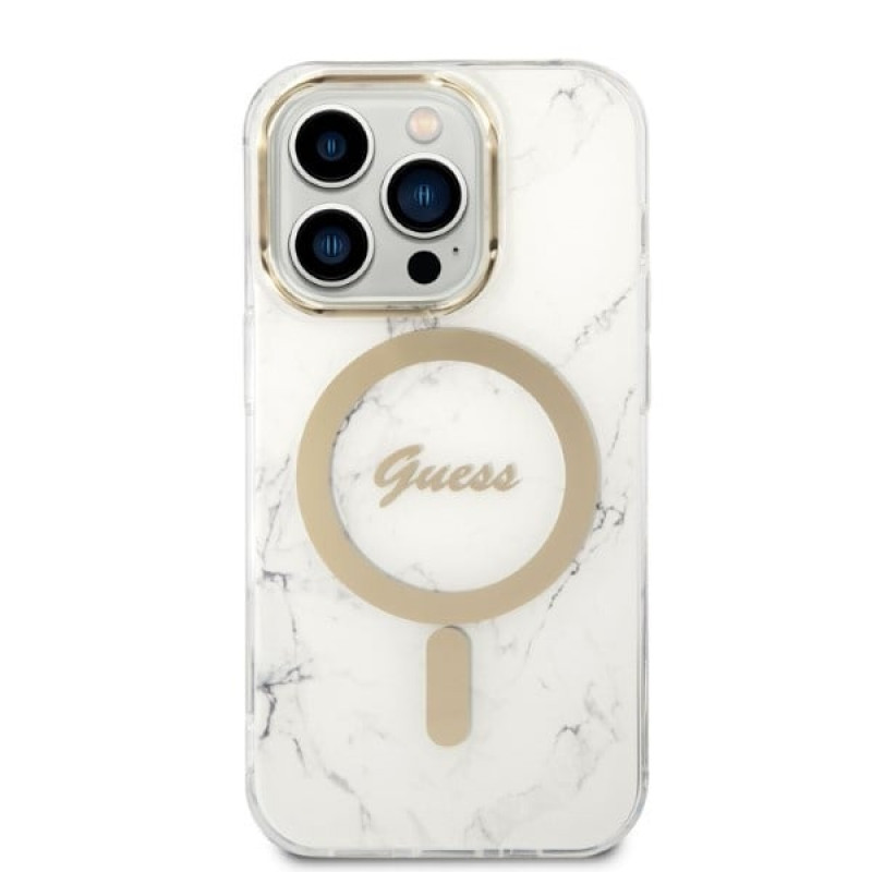 Funda Guess GUBPP14LHMEACSH + Cargador inalámbrico Apple iPhone 14 Pro blanca, Hardcase, Marble, MagSafe