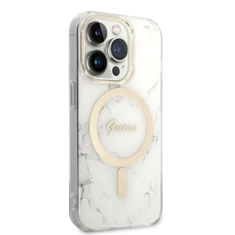 Funda Guess GUBPP14LHMEACSH + Cargador inalámbrico Apple iPhone 14 Pro blanca, Hardcase, Marble, MagSafe