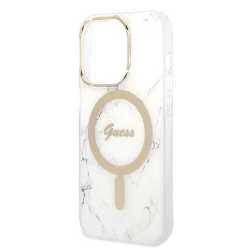 Funda Guess GUBPP14LHMEACSH + Cargador inalámbrico Apple iPhone 14 Pro blanca, Hardcase, Marble, MagSafe