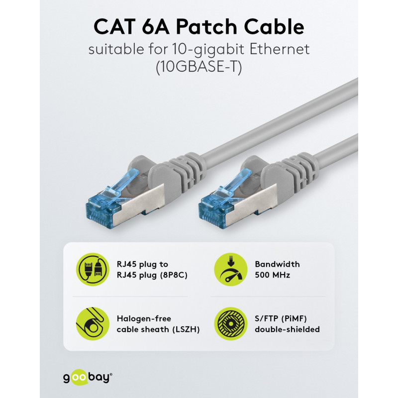 Latiguillo Goobay CAT 6A S/FTP (PiMF), 5 m, gris, juego de 10, conductor de cobre (CU), funda libre de halógenos (LSZH)