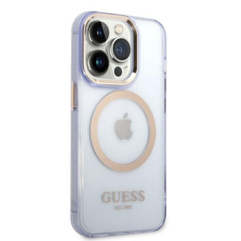 Funda rígida morada para Apple iPhone 14 Pro Max Guess GUHMP14XHTCMU, Gold Outline Translucent, MagSafe