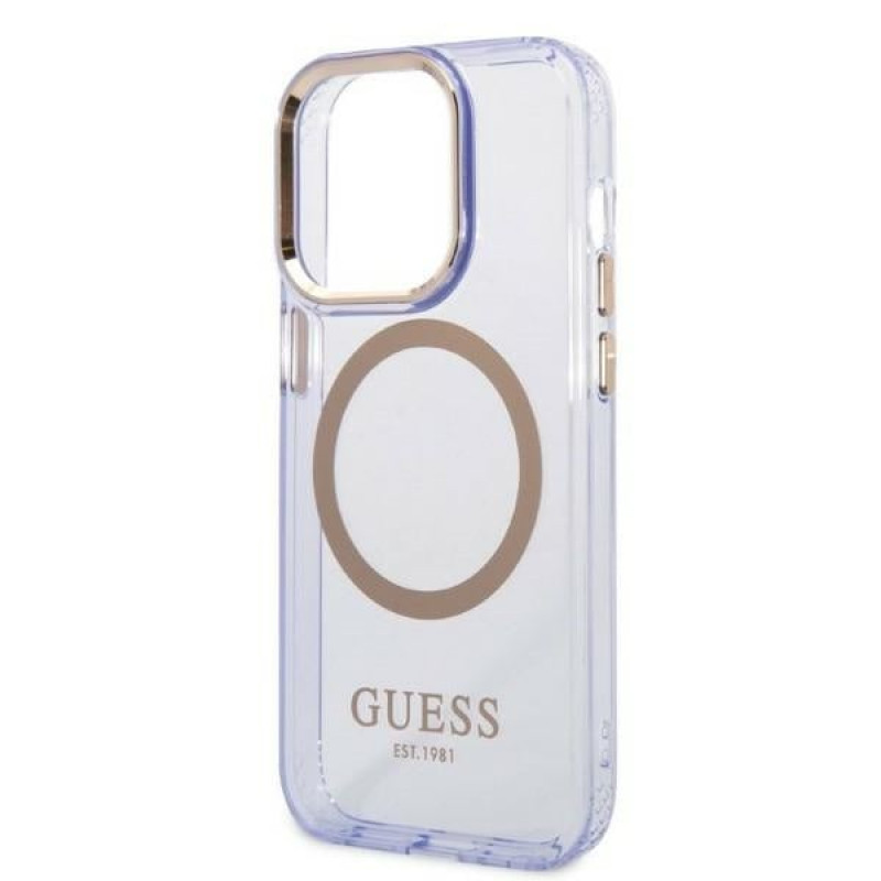 Funda rígida morada para Apple iPhone 14 Pro Max Guess GUHMP14XHTCMU, Gold Outline Translucent, MagSafe