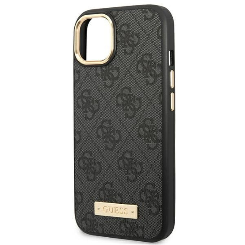 Guess GUHMP14MU4GPRK Funda rígida negra para Apple iPhone 14 Plus / 15 Plus, 4G Logo Plate, MagSafe