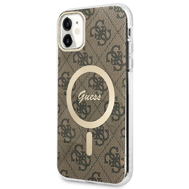 Funda + cargador inalámbrico Guess GUBPN61H4EACSW para Apple iPhone 11, 4G Print, funda rígida marrón, MagSafe