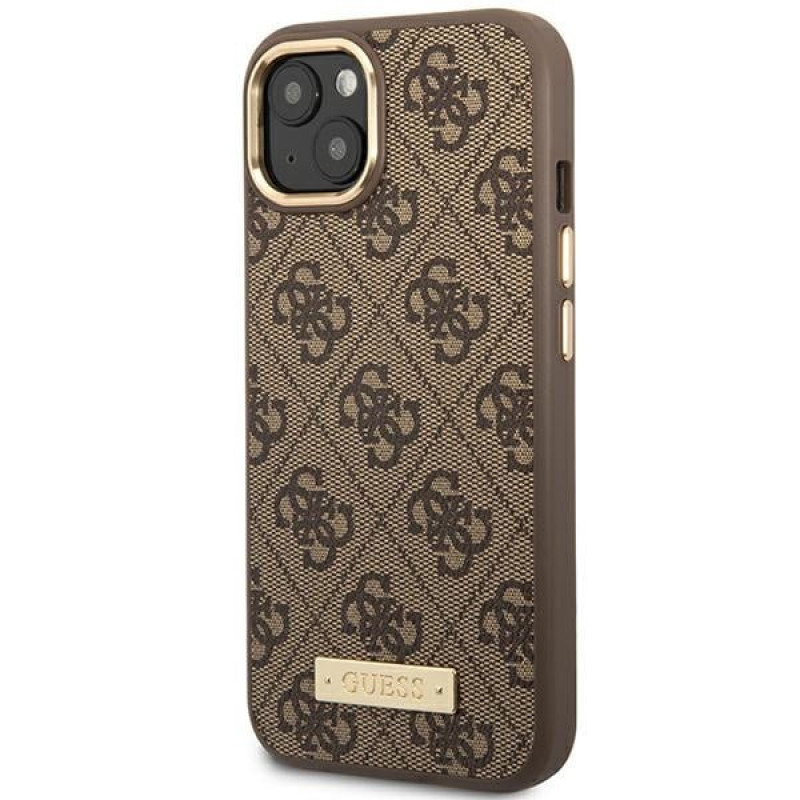 Guess GUHMP14MU4GPRW Funda rígida marrón para Apple iPhone 14 Plus / 15 Plus, 4G Logo Plate, MagSafe