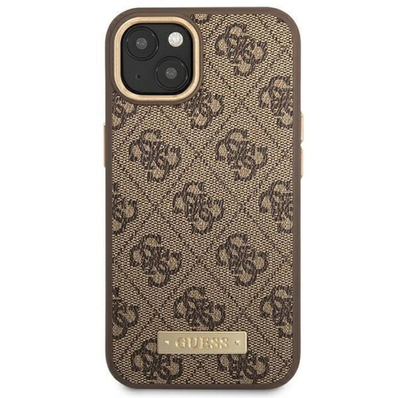 Guess GUHMP14MU4GPRW Funda rígida marrón para Apple iPhone 14 Plus / 15 Plus, 4G Logo Plate, MagSafe