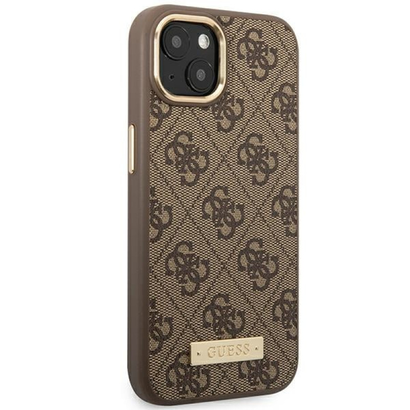 Guess GUHMP14MU4GPRW Funda rígida marrón para Apple iPhone 14 Plus / 15 Plus, 4G Logo Plate, MagSafe