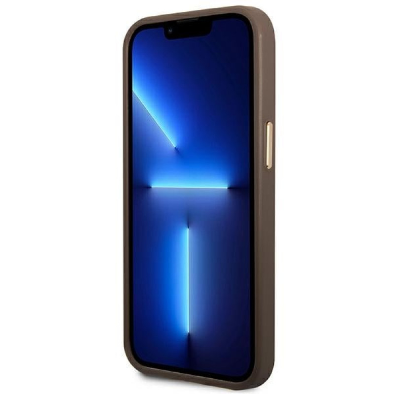 Guess GUHMP14MU4GPRW Funda rígida marrón para Apple iPhone 14 Plus / 15 Plus, 4G Logo Plate, MagSafe