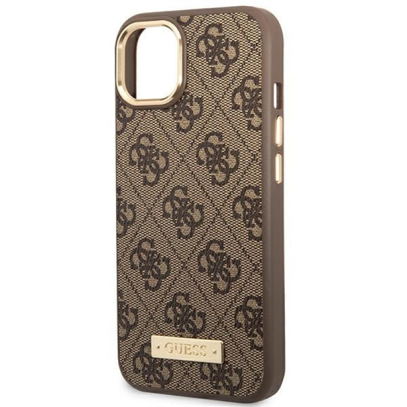 Guess GUHMP14MU4GPRW Funda rígida marrón para Apple iPhone 14 Plus / 15 Plus, 4G Logo Plate, MagSafe