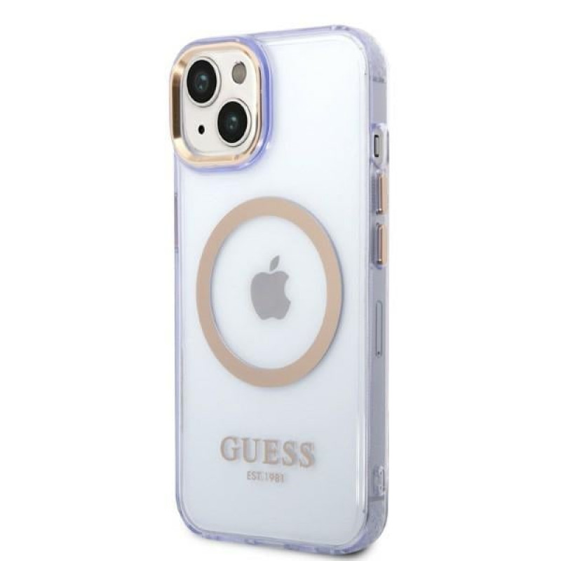 Funda rígida Guess GUHMP14SHTCMU Apple iPhone 14 morada, Gold Outline Translucent, MagSafe