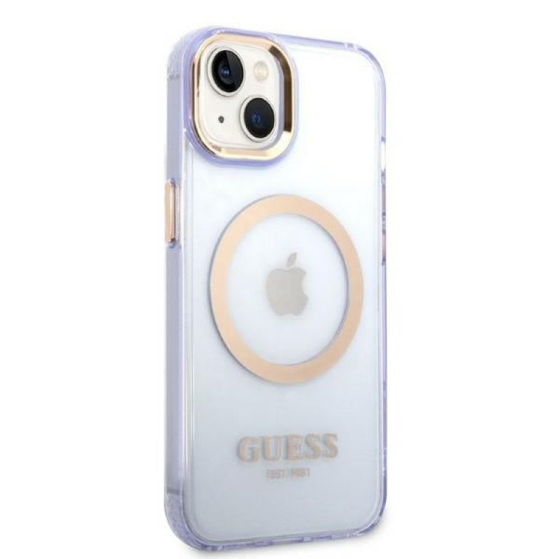 Funda rígida Guess GUHMP14SHTCMU Apple iPhone 14 morada, Gold Outline Translucent, MagSafe