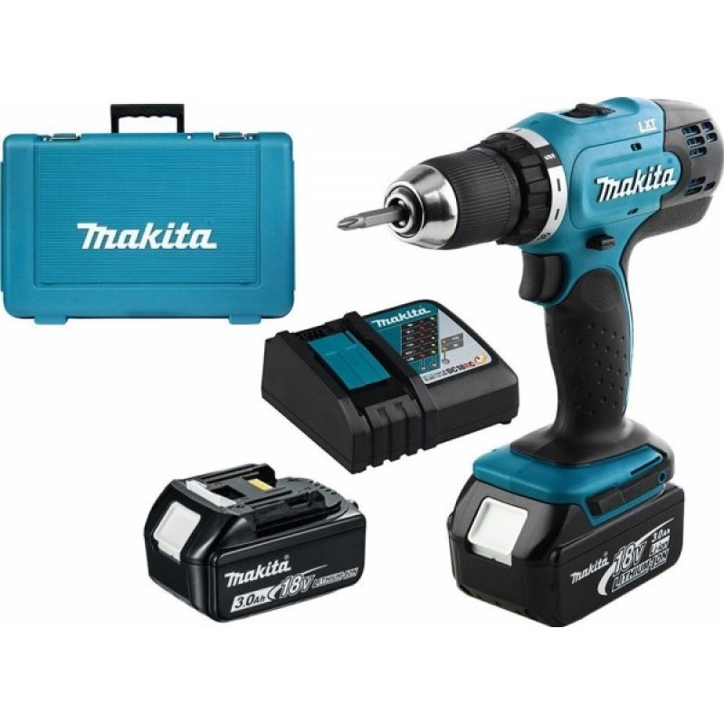 Makita DDF453RFE Taladro inalámbrico con 2 baterías y portabrocas sin llave, negro/azul