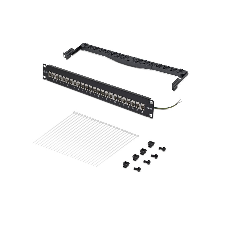 Panel de parcheo pasante StarTech.com C6APANELSTP241UFT de 24 puertos y 1U, Cat6a blindado, RJ45, 19", negro