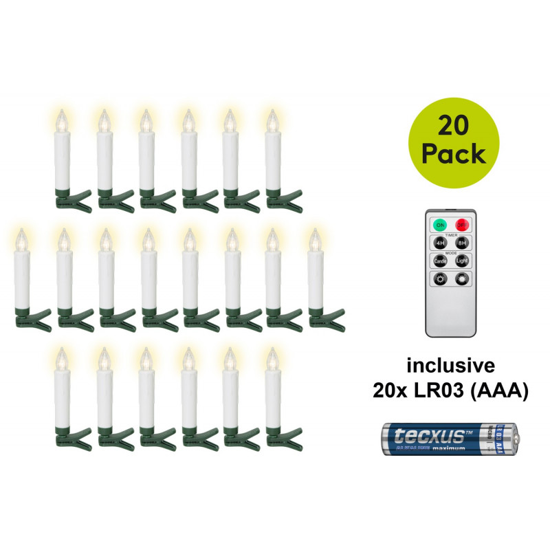 Velas navideñas LED inalámbricas para árbol de Navidad Goobay 75258 (20 uds.), incl. 20x AAA (LR03), clips, mando a distancia, temporizador, regulables, blanco cálido (2600 K)