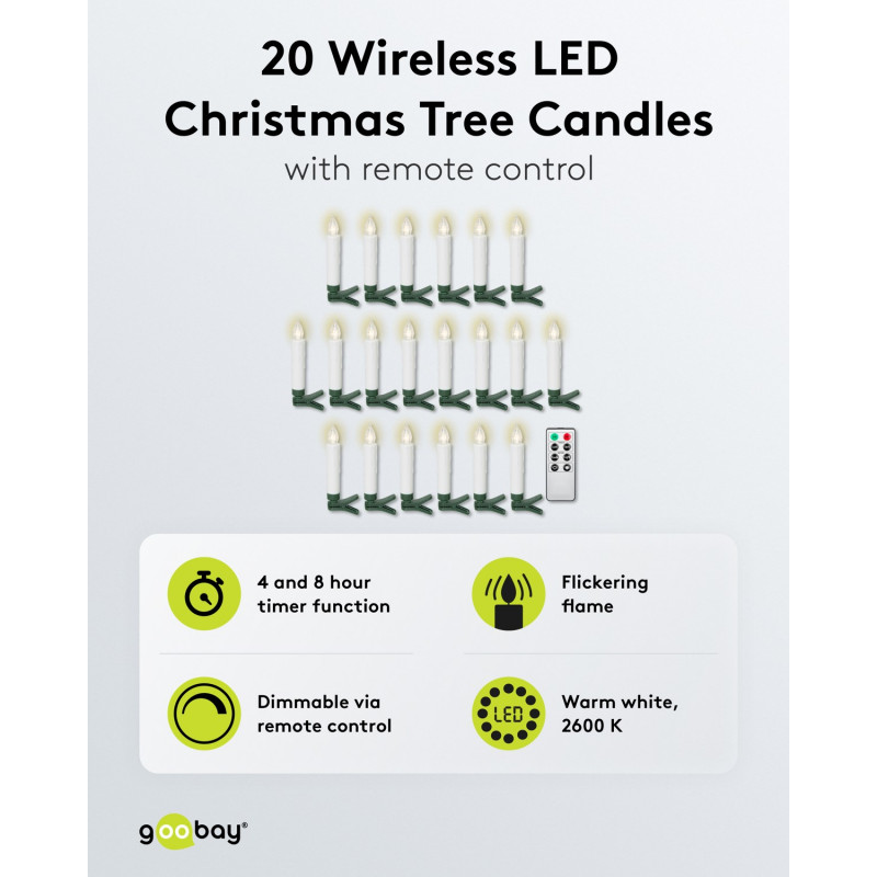 Velas navideñas LED inalámbricas para árbol de Navidad Goobay 75258 (20 uds.), incl. 20x AAA (LR03), clips, mando a distancia, temporizador, regulables, blanco cálido (2600 K)
