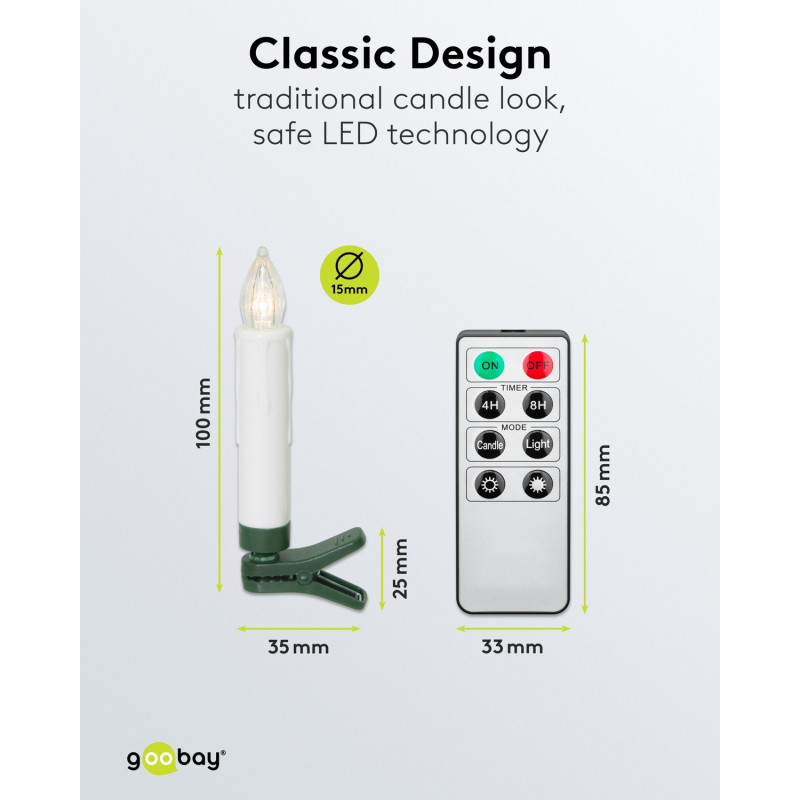 Velas navideñas LED inalámbricas para árbol de Navidad Goobay 75258 (20 uds.), incl. 20x AAA (LR03), clips, mando a distancia, temporizador, regulables, blanco cálido (2600 K)