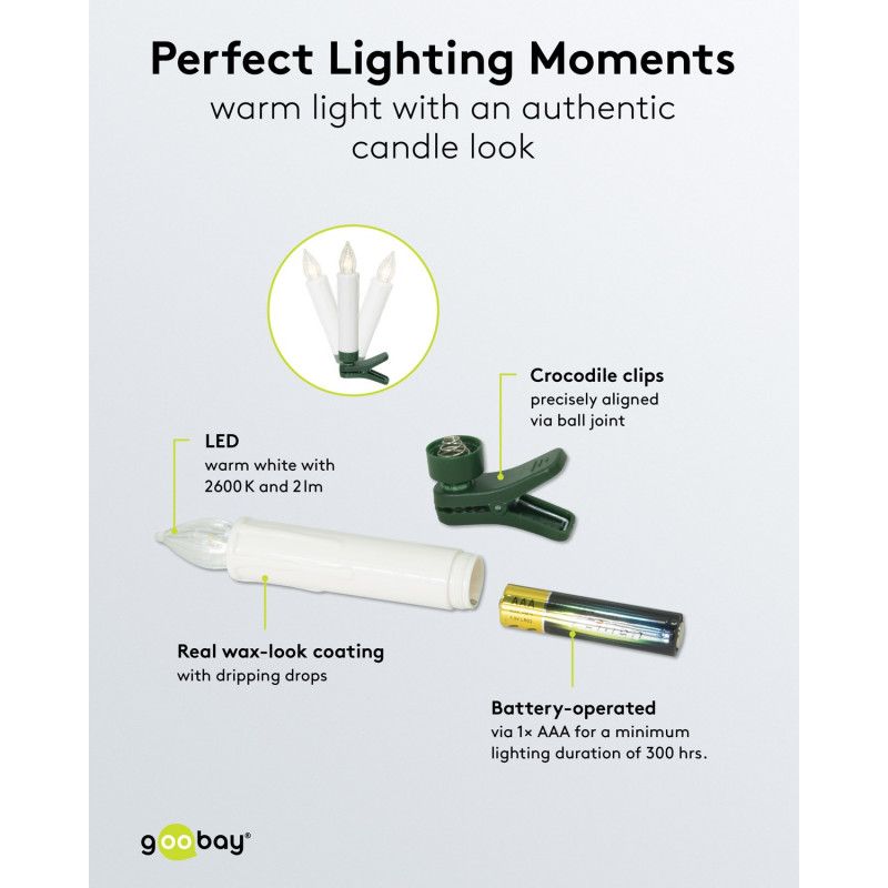 Velas navideñas LED inalámbricas para árbol de Navidad Goobay 75258 (20 uds.), incl. 20x AAA (LR03), clips, mando a distancia, temporizador, regulables, blanco cálido (2600 K)